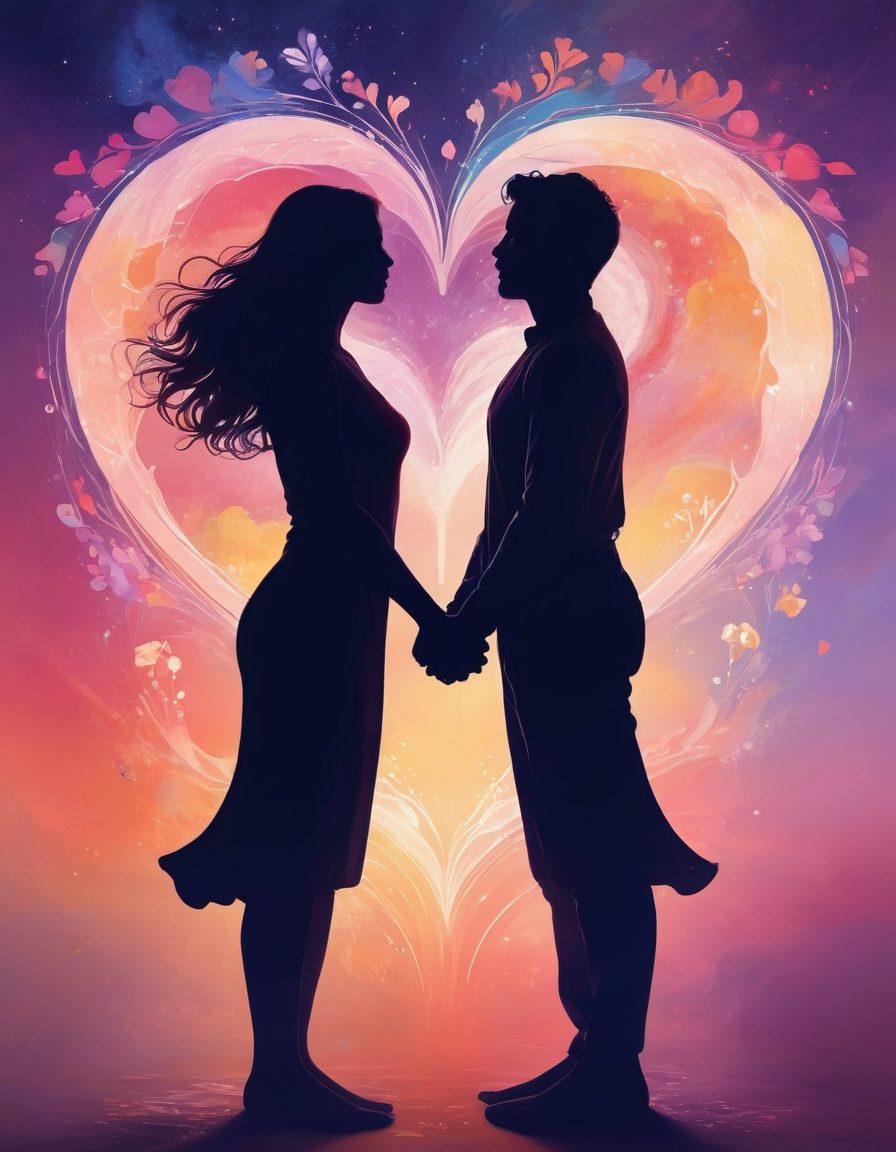 A harmonious blend of two silhouettes, one representing soulmates with intertwined hearts and the other symbolizing friendship with open hands, surrounded by colorful swirling patterns of emotions. The background features soft pastel hues representing different stages of love and friendship, with gentle light beams illuminating the figures. The overall tone evokes warmth and connection, capturing the essence of romantic relationships. super-realistic. vibrant colors. dreamy atmosphere.