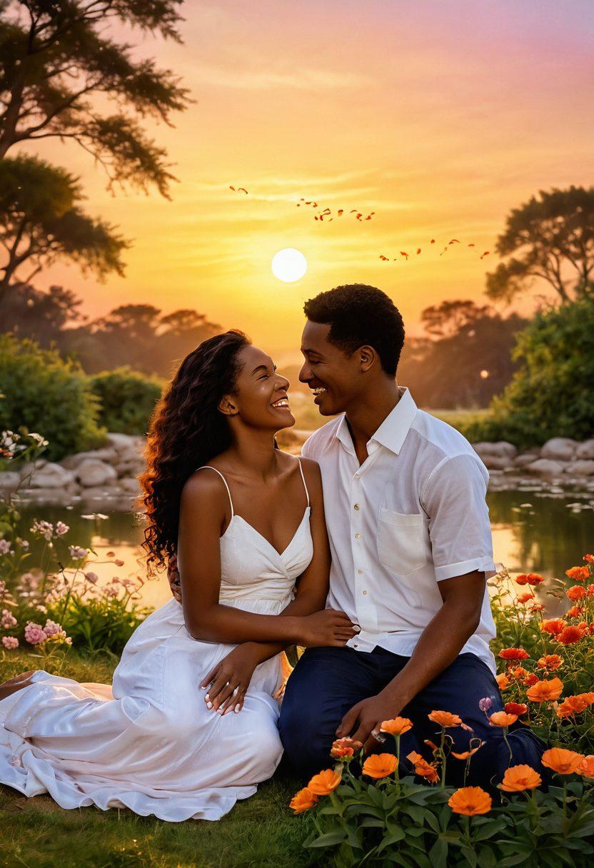 A warm, intimate scene depicting a couple sharing a genuine laugh under a soft, glowing sunset. Surround them with subtle symbols of connection, like intertwined hearts and blooming flowers, representing affection. The background should evoke a sense of serenity, with gentle waves or a tranquil park setting enhancing the romantic atmosphere. The couple is diverse in ethnicity, capturing a universal theme of love. vibrant colors. impressionistic style.